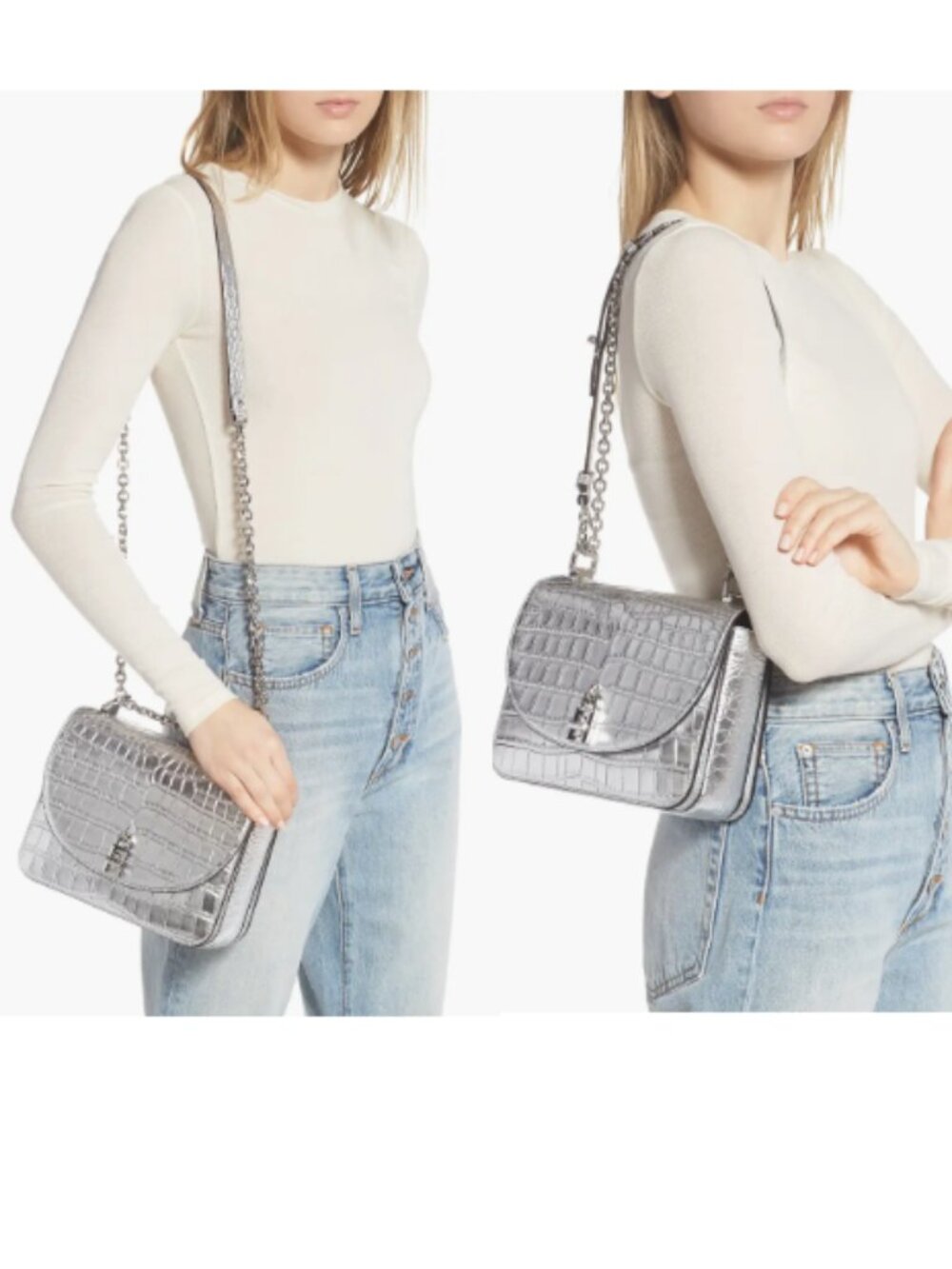 Rebecca Minkoff Silver Croc Embossed Convertible Crossbody Shoulder Purse